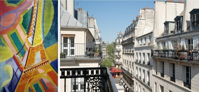 Robert Delaunay’s “Tour Eiffel,” painted in 1926 during Hemingway’s Paris tenure (left), and the view from the Hotel Saint-Louis en l’Isle, a popular accommodation for the retreat’s writers.