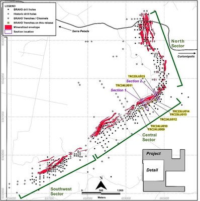 Figure 4: Location of Bravo Trenches and Sections Reported in this News Release (CNW Group/Bravo Mining Corp.)