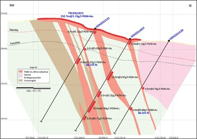 Figure 3: Central Sector (Section 2 on Figure 4) ? Trenching showing supergene enrichment and lateral extents to surface mineralization. (CNW Group/Bravo Mining Corp.)