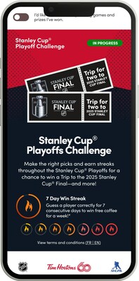 Hockey fans will also want to watch out for the return of the Tims NHL Hockey Challengetm Stanley Cup Playoffs Edition on April 20, with a chance to win a trip to the 2025 Stanley Cup Final, free coffee for a year, and other great Tims prizes! (CNW Group/Tim Hortons)