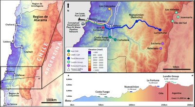 Figure 1 Location of conceptual water network and significant mines (Los Colorados ? iron ore), new copper discoveries (Encierro and Valeriano) and significant undeveloped copper projects (Costa Fuego, Nueva Union and Lundin Group projects) in the Huasco valley area. (CNW Group/Hot Chili Limited)