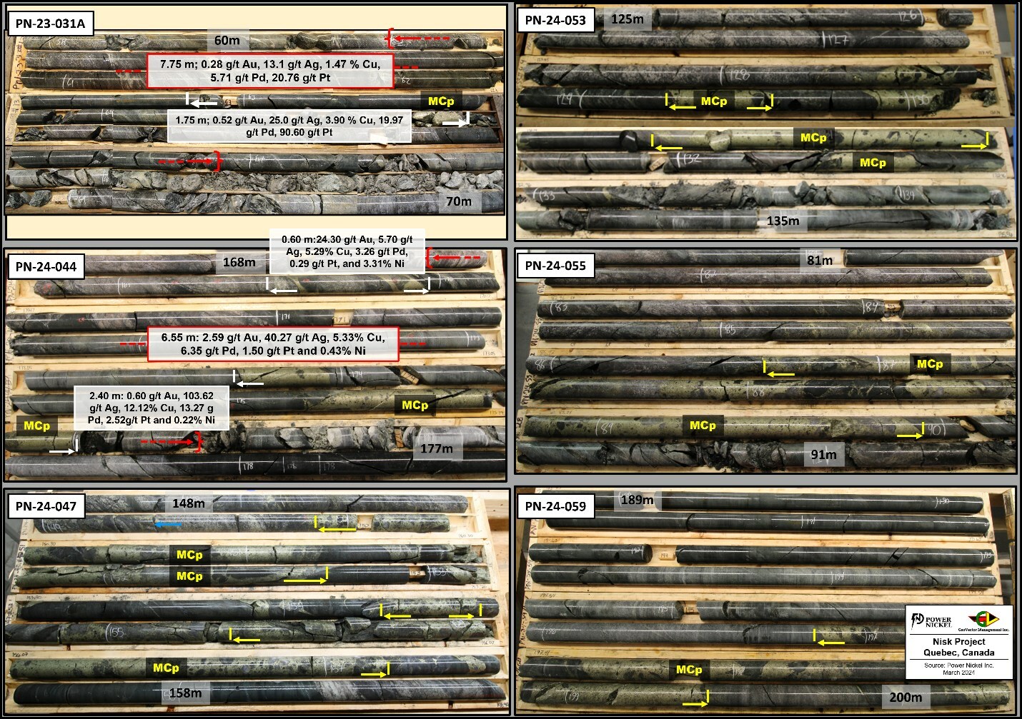 Figure 3: Core pictures showing the relation between observed massive chalcopyrite and grade in both PN-23-031A and PN-24-044, and massive chalcopyrite (MCp) observed in four other recent holes. (CNW Group/Power Nickel Inc.)