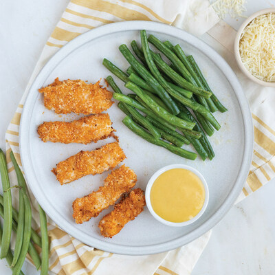 Garlic-Parmesan Chicken Tenders with Green Beans and Honey Mustard Dip