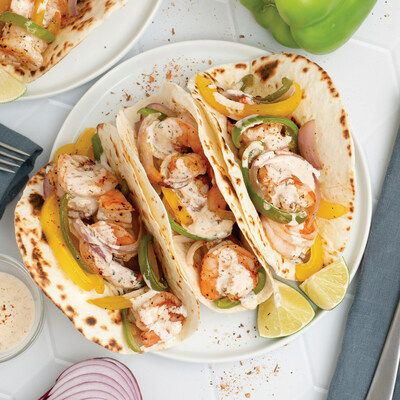 Sheet Pan Cajun Shrimp Fajitas with Bell Pepper, Onion and Spicy Ranch