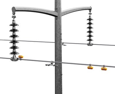 Image depicting the Aeolus® system's advanced sensor nodes installed on an overhead transmission line. Once installed, the sensor nodes automatically measure all forms of wind-induced conductor motion, including aeolian vibration and high-amplitude conductor motion such as galloping.