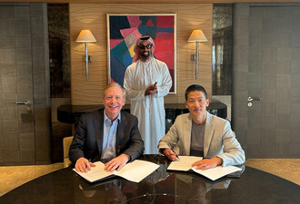 From left to right: Brad Smith, Vice Chair and President of Microsoft; HH Sheikh Tahnoon bin Zayed Al Nahyan, Chairman of G42; Peng Xiao, Group Chief Executive Officer of G42