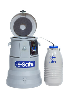 Vase Dewar de la série CGT Cryo de CSafe et boîtier doté d’un enregistreur de données TracSafe RLT. (PRNewsfoto/CSafe)