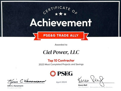 Certificate of Achievement Awarded to Ciel Power LLC, PSE&G Trade Ally, as a Top 10 Contractor; 2023 Most Completed Projects and Savings