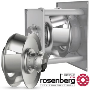 New Rosenberg I-Series backward-curved impeller design increases airflow and efficiency, cuts noise by half