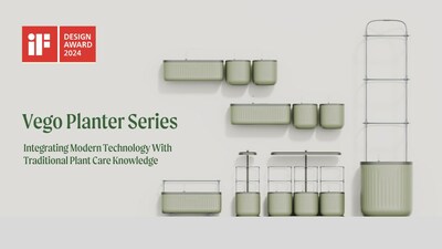Vego Planter Series awarded the prestigious 2024 iF Design Award, showcasing a lineup of self-watering planters with a sleek, modular design for vertical and horizontal gardening, in a serene sage green hue.