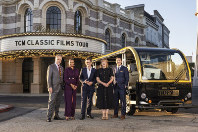 TCM Hosts: From Left To Right: Eddie Muller, Jacqueline Stewart, Ben Mankiewicz, Alicia Malone, and Dave Karger celebrate the launch of the new TCM Classic Films Tour at the Warner Bros. Studio Tour Hollywood