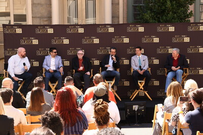 Warner Bros. Studio Tour Hollywood and TCM Classic Films Tour Kick-off Panel: From Left To Right: Brad Taylor (WB Tour Guide), Danny Kahn (Vice President and General Manager of WBSTH), George Feltenstein (WBD Librarian Historian), Ben Mankiewicz (TCM Host), Dave Karger (TCM Host), and Burton Gilliam (Actor)