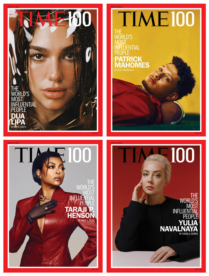 The 2024 TIME100 Covers featuring singer-songwriter Dua Lipa, football quarterback Patrick Mahomes, actor Taraji P. Henson, and Yulia Navalnaya, a leader of Russia's opposition movement.