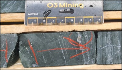 Figure 1: Photo of visible gold at 46.7 metres in hole O3MA-24-554A at Malartic H (CNW Group/O3 Mining Inc.)