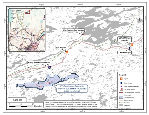 Figure 1: Corvette Project, CV5 Spodumene Pegmatite, and regional infrastructure (CNW Group/Patriot Battery Metals Inc)