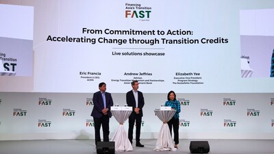 Eric Francia, President & CEO of ACEN Corporation, Andrew Jeffries, Advisor & Energy Transition Mechanism and Partnerships of Asian Development Bank, and Elizabeth Yee, Executive Vice President of The Rockefeller Foundation, announce first Coal to Clean Credit Initiative (CCCI) pilot project in Philippines at Financing Asia's Transition Conference.