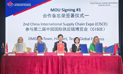 China International Exhibition Center Group Corporation firmó acuerdos de memorando de entendimiento con DMG, Oz-Town, Team Global Express y Homart Pharmaceuticals durante su gira por Australia. (PRNewsfoto/China International Supply Chain Expo)