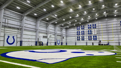 The Matrix Helix turf installed at the Indiana Farm Bureau Practice Center in Indianapolis by Hellas offers several key strengths, including optimal cleat interaction, stable footing, and excellent shock absorption. The innovative shape memory technology of helix involves curled monofilament fibers that securely hold the infill in place, preventing migration and splash-out.