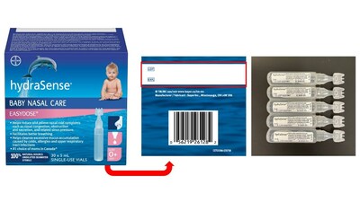 Lot numbers for hydraSense Baby Nasal Care Easydose can be found on the bottom of the box containing the single use vials and on the label of each single use vial (CNW Group/Bayer Inc.)