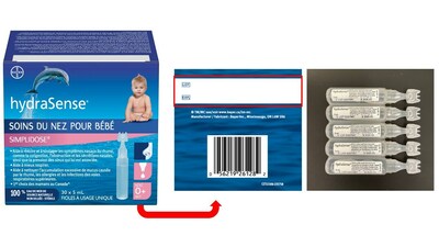 Le numéro de lot d’hydraSense® Soins du nez pour bébé Simplidose® se trouve au bas de la boîte contenant les fioles à usage unique et sur l’étiquette de chaque fiole à usage unique (Groupe CNW/Bayer Inc.)