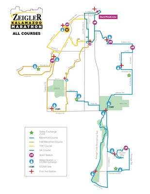 2024 Zeigler Kalamazoo Marathon Map for all courses and spirit stations