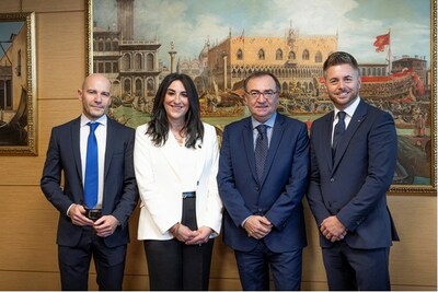Fincantieri delivered the ship to Cunard at the Marghera shipyard in the presence of Minister Urso Pictured, left to right; Marco Lunardi, Katie McAlister, Luigi Matarazzo, Paul Ludlow