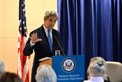 The Hon. John Kerry, outgoing U.S. Climate Envoy and incoming honorary Chair of the Senior Consultative Group for the Energy Transition Accelerator (ETA), speaking at an Earth Day event at the U.S. Department of State's Diplomacy Center