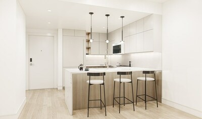Rendering of the residential kitchen with a unit washer and dryer at The Forte. Designed by Input Creative Studio.