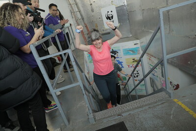 Megan Leslie, WWF-Canada president and CEO, reaches the top of the CN Tower.  WWF-Canada (CNW Group/World Wildlife Fund Canada)
