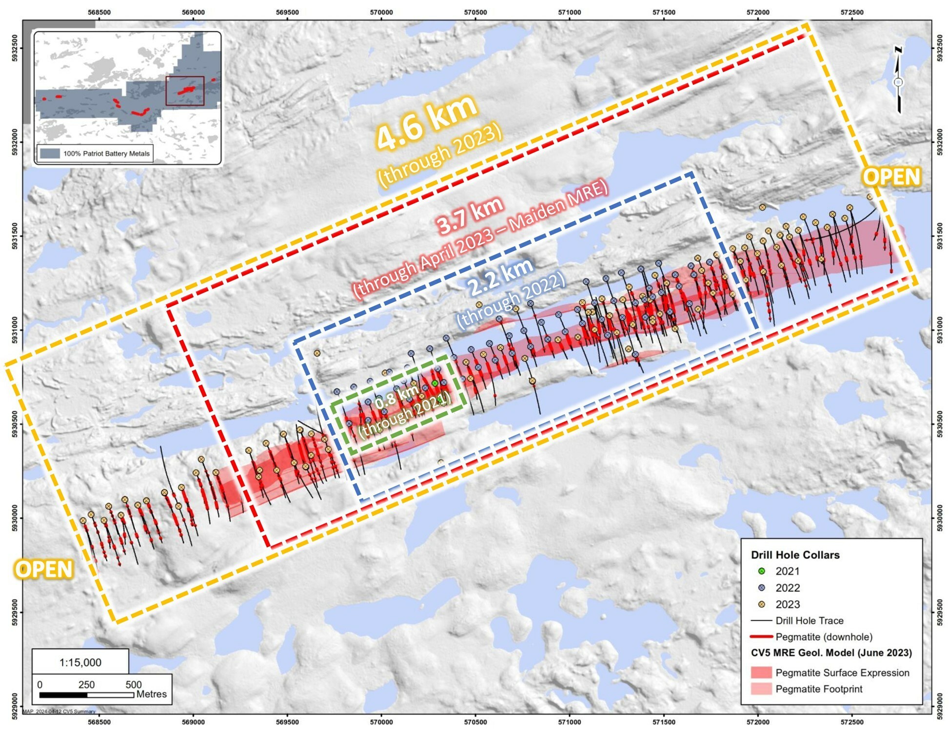 Figure 1: Growth of the CV5 Spodumene Pegmatite through 2023. (CNW Group/Patriot Battery Metals Inc) Figure 1: Growth of the CV5 Spodumene Pegmatite through 2023. (CNW Group/Patriot Battery Metals Inc)