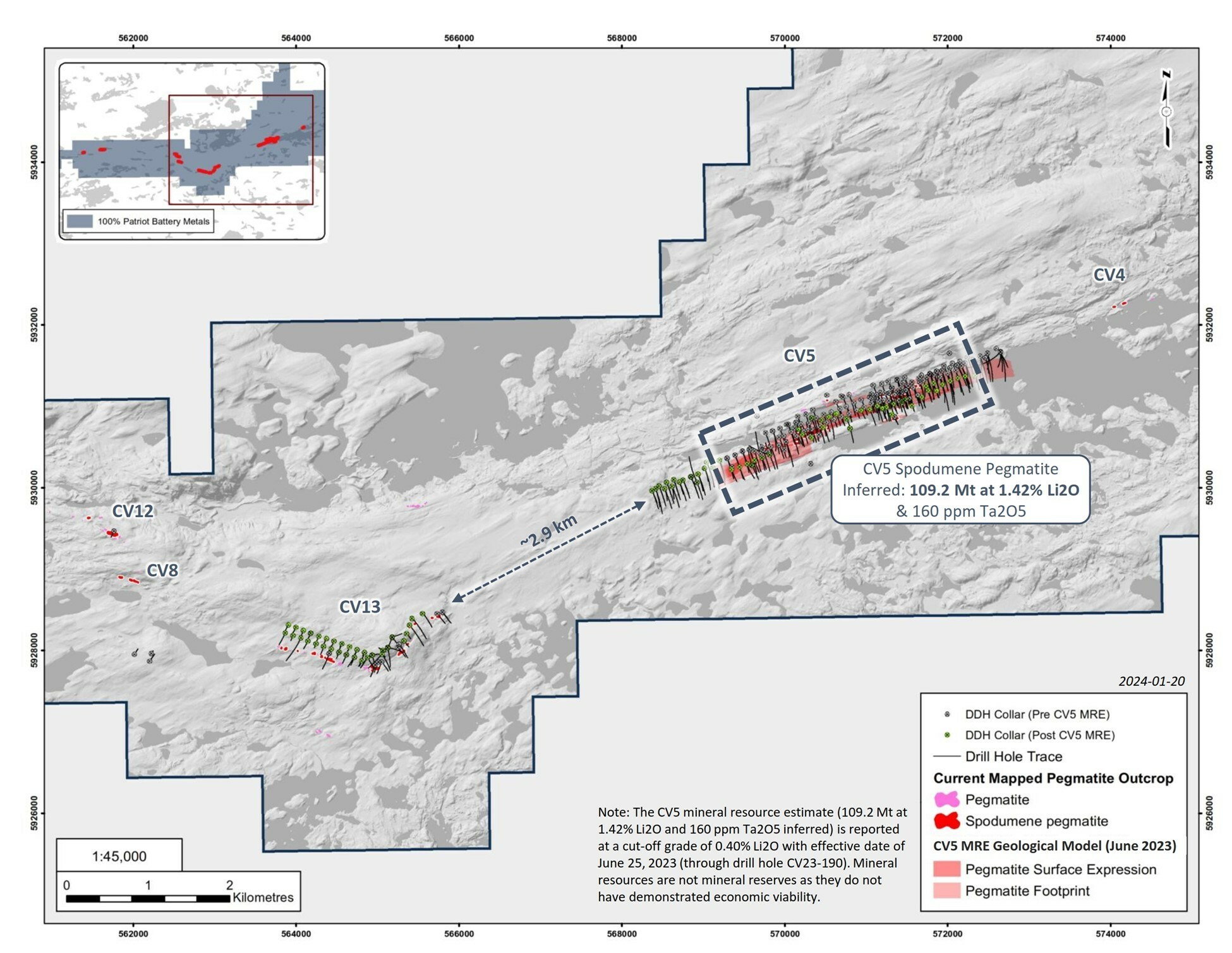Figure 10: Highly prospective corridor that remains to be drill tested between the CV5 and CV13 spodumene pegmatites, a distance of approximately 2.9 km. Drill holes completed after the June 2023 MRE through to the end of 2023 are presented in green. Drill holes completed in 2024 are not presented. (CNW Group/Patriot Battery Metals Inc)