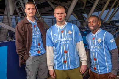 Manchester City players (from left) Sergio Gómez, Erling Haaland and Jérémy Doku wear re-designed 'Unseen City Shirts' entitled 'The Roses and the Bees,' which is available as a free-to-mint digital collectible on the OKX app