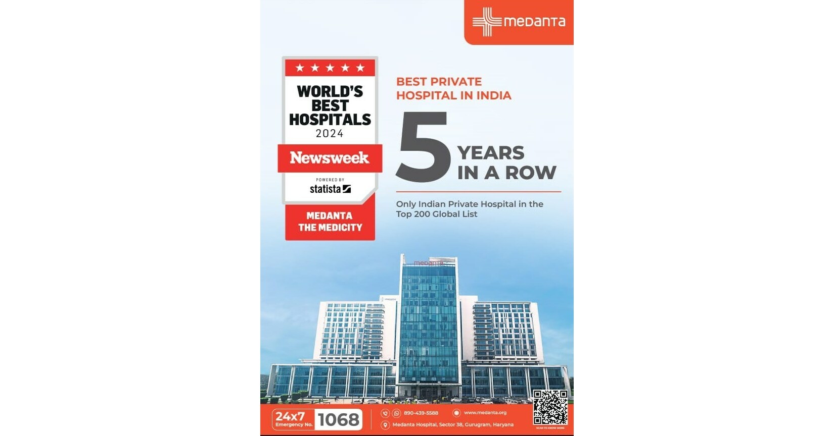 Medanta Gurugram ranks on Newsweek’s 2024 list of the ‘World’s Best Hospitals’ for the fifth consecutive year