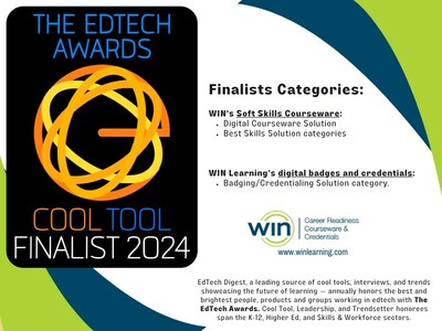 WIN Learning, a national leading developer of career readiness solutions, announced today that it has been named a finalist in three categories in the 2024 EdTech Cool Tool Awards. WIN’s Soft Skills Courseware is a finalist in the Digital Courseware Solution and the Best Skills Solution categories, and WIN’s digital badges and credentials are recognized in the Badging/Credentialing Solution category. Further information about The EdTech Awards is available here: https://edtechdigest.com/