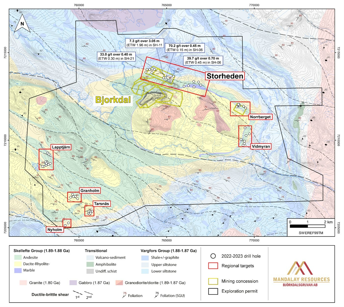 Figure 1. Geological Map centred on Mandalay exploration tenement holdings highlighting the location of exploration drilling described in this release. Highlighted assays results are annotated. (CNW Group/Mandalay Resources Corporation) Figure 1. Geological Map centred on Mandalay exploration tenement holdings highlighting the location of exploration drilling described in this release. Highlighted assays results are annotated. (CNW Group/Mandalay Resources Corporation)