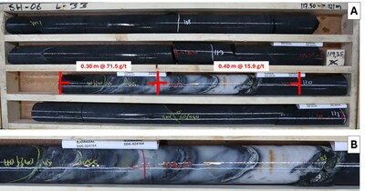 Figure 5. Drill core photos from SH-06 showing an intercept grading 39.7 g/t gold over 0.70 m (ETW 0.45 m) (A) and a close up of mineralised quartz vein (B).