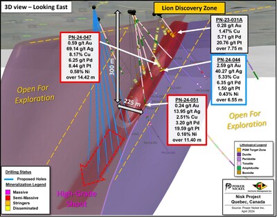 Figure 5: 3D view showing the current extent of drilling at Lion Discovery as well as some of the proposed holes for the upcoming summer drilling program. (CNW Group/Power Nickel Inc.)