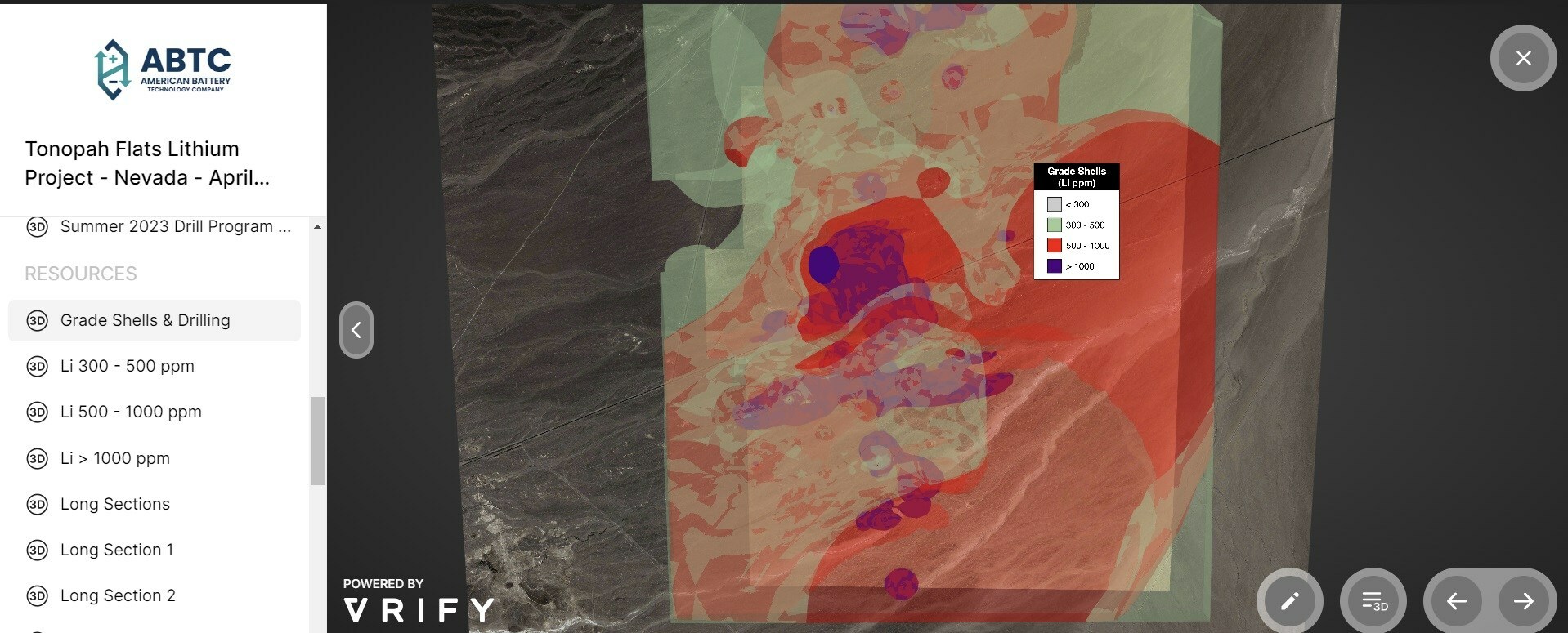 ABTC’s Tonopah Flats Lithium Project encompasses one of the largest known measured, indicated, and inferred lithium claystone resource deposits in the United States and is located near Tonopah, Nevada.  View interactive 3D graphics like the one pictured by visiting the company's website at www.americanbatterytechnology.com/projects/tonopah-flats.