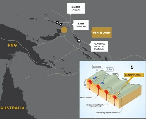 Figure 1: Feni Island in relation to known mineralized gold-copper deposits: Simberi, Lihir, and Panguna(1). (CNW Group/Adyton Resources Corporation) Figure 1: Feni Island in relation to known mineralized gold-copper deposits: Simberi, Lihir, and Panguna(1). (CNW Group/Adyton Resources Corporation)