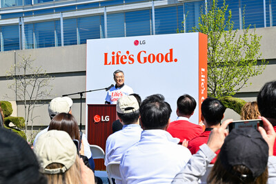 Chris Jung, President and CEO of LG Electronics North America, speaks at the Life's Good Earth Day Community Fair, Monday, April 22, 2024, at the LG Electronics North American Innovation Campus in Englewood Cliffs, NJ. The event hosted a range of activities that highlighted the importance of sustainable practices including an e-waste drive and the unveiling of the new pollinator garden at LG's headquarters. (Diane Bondareff/AP Images for LG Electronics)