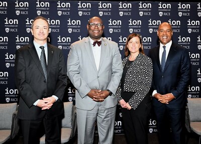 Richard Baraniuk, OpenStax founder; James Moore, assistant director for the directorate for STEM education at NSF; Amy Dittmar, Rice provost; Reginald DesRoches, Rice president (Photo by Jeff Fitlow/Rice University)
