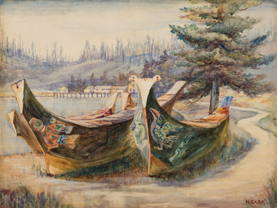L'oeuvre bien connue et largement expose War Canoes, Alert Bay  d'Emily Carr sera offerte lors de la vente aux enchres en direct de la Maison Heffel le 23 mai 2024 (estimation : 500 000 $ - 700 000 $). (Groupe CNW/Maison de ventes aux enchres Heffel)