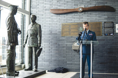 Lieutenant-General Eric Kenny, Commander of the Royal Canadian Air Force, speaks at Billy Bishop Toronto City Airport following the unveiling of the exhibit. (CNW Group/Billy Bishop Toronto City Airport)