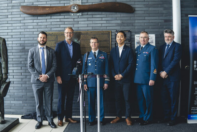 (Left to right) Ryan Goldsworthy, Exhibition Curator, RJ Steenstra, President and CEO, PortsToronto, Lieutenant-General Eric Kenny, RCAF Commander, MP Kevin Vuong, Chief Warrant Officer, RCAF Chief Warrant Officer W.J. Hall, Neil Pakey, President and CEO, Nieuport Aviation. (CNW Group/Billy Bishop Toronto City Airport)