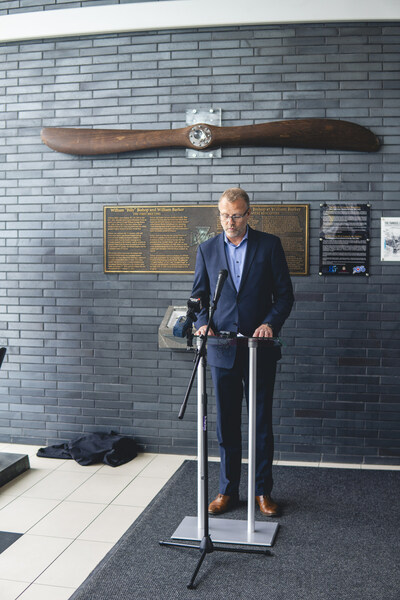 RJ Steenstra, President and CEO of PortsToronto, owner and operator of Billy Bishop Toronto City Airport speaks following the unveil of the airport's new exhibit commemorating the RCAF centennial and 85th anniversary of the airport. (CNW Group/Billy Bishop Toronto City Airport)