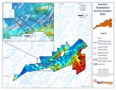Figure 7 - East Rim project map showing the area of interest in which three step loop transient ground EM surveys lines were completed during the winter 2024.  The surveys were designed to profile an area in enhanced conductivity was recorded in 2023 VTEM surveys and historic ground EM surveys, structural disruption and clay alteration are recorded in historic drill hole logs, and density lows were recorded by a 2022 Falcon gravity survey, all within an east-northeast trending favourable magnetic low corridor. Summer 2024 diamond drill holes will be planned once the EM survey interpretation is received. (CNW Group/IsoEnergy Ltd.)