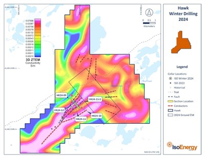Figure 5 â Hawk plan showing conductors interpreted from 2023 ground EM surveys, drill hole locations, and drill-intersected faults. Also shown is the area of the winter 2024 fixed loop SQUID ground EM survey. (CNW Group/IsoEnergy Ltd.)