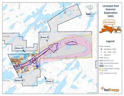 Figure 4 - Larocque East planned 2024 summer exploration includes additional ANT surveys along the eastern extension of the highly prospective Hurricane conductor corridor and diamond drilling in four target areas (labelled 
