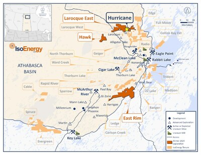 Figure 1 – Location of IsoEnergy’s Hurricane deposit and exploration projects in the eastern Athabasca Basin, including the Laroque East, Hawk and East Rim projects on which work was completed in the winter of 2024. (CNW Group/IsoEnergy Ltd.)