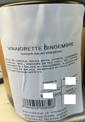 Vinaigrette gingembre_tiquette (Groupe CNW/Ministre de l'Agriculture, des Pcheries et de l'Alimentation)